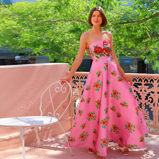 Women’s Evening Gown – Strapless Satin – Floral Print – Slim Fit A-Line Long Dress