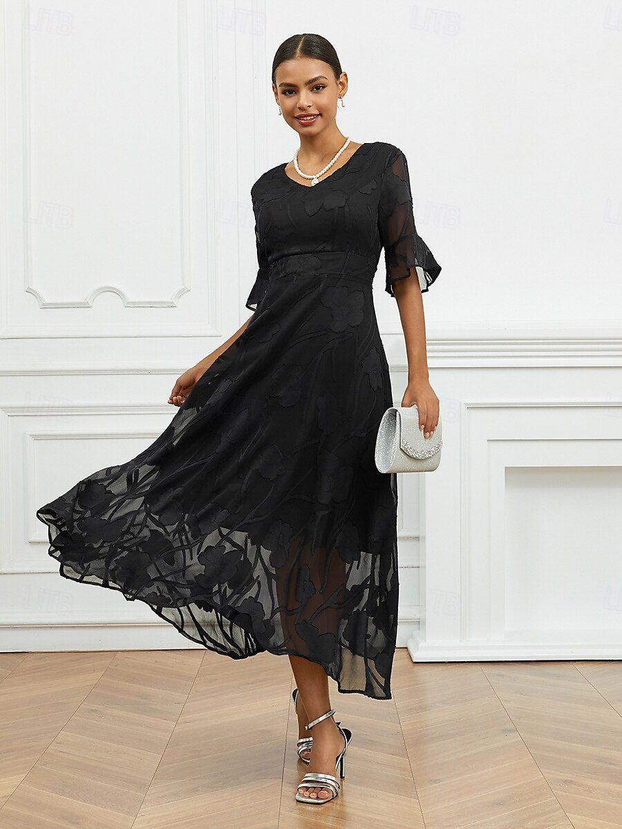 Women’s Maxi Dress – Lace Overlay – V-Neck – Flutter Sleeve – Elegant Fit