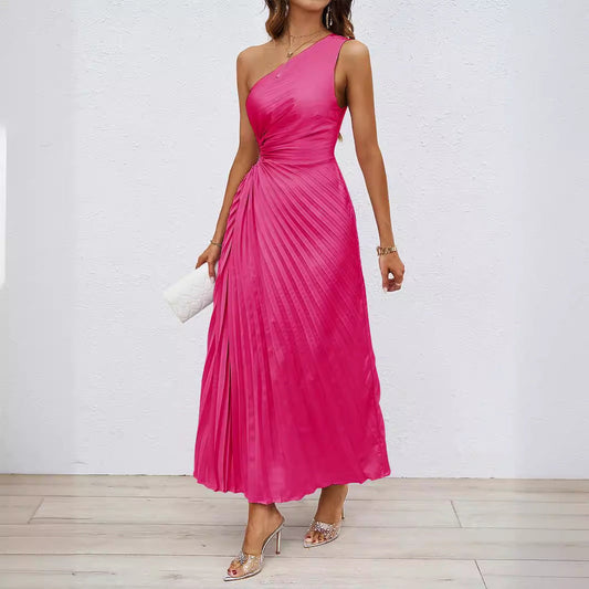 Women’s Maxi Dress – Satin Feel – One Shoulder – Ruched Waist – Pleated Skirt