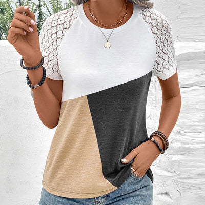 Women’s T-shirt – Relaxed Fit – Cotton Blend – Lace Sleeves – Geometric Front – Round Neck