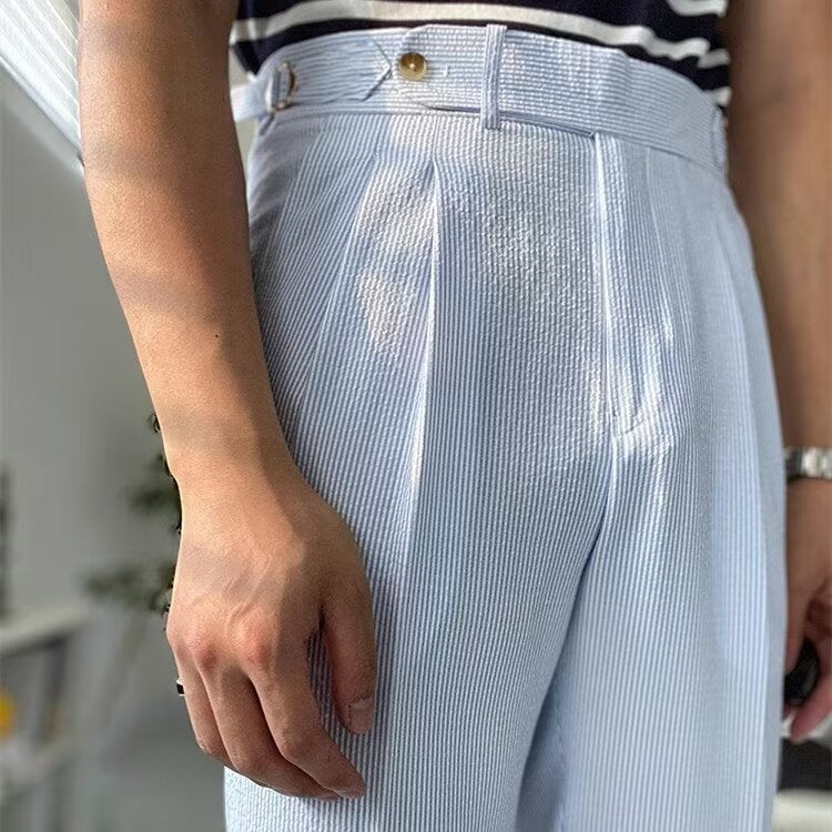 Men’s Straight-Leg Trousers – High Waist – Pleated Front – Textured Breathable Fabric