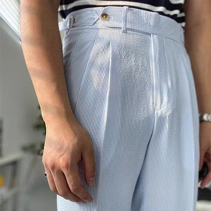 Men’s Straight-Leg Trousers – High Waist – Pleated Front – Textured Breathable Fabric