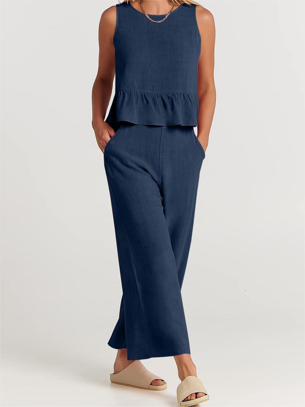 Women’s Peplum Top – Lightweight Cotton Blend – Relaxed Fit – Sleeveless Rounded Neckline