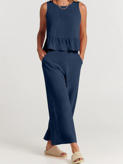 Women’s Set - Peplum Top – Lightweight Cotton Blend – Relaxed Fit – Wide Leg Pants