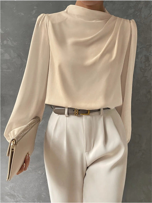 Women’s Satin Blouse – Relaxed Fit – High Neck – Long Sleeve Elegant Draped Top