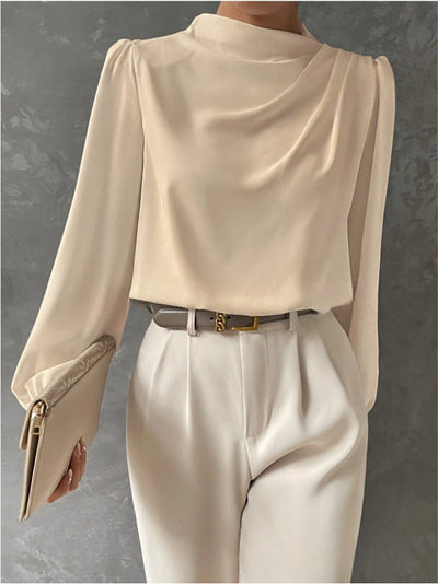 Women’s Satin Blouse – Relaxed Fit – High Neck – Long Sleeve Elegant Draped Top