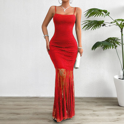 Women’s Maxi Dress – Slim Fit – Lace Fabric – Mermaid Silhouette – Spaghetti Straps