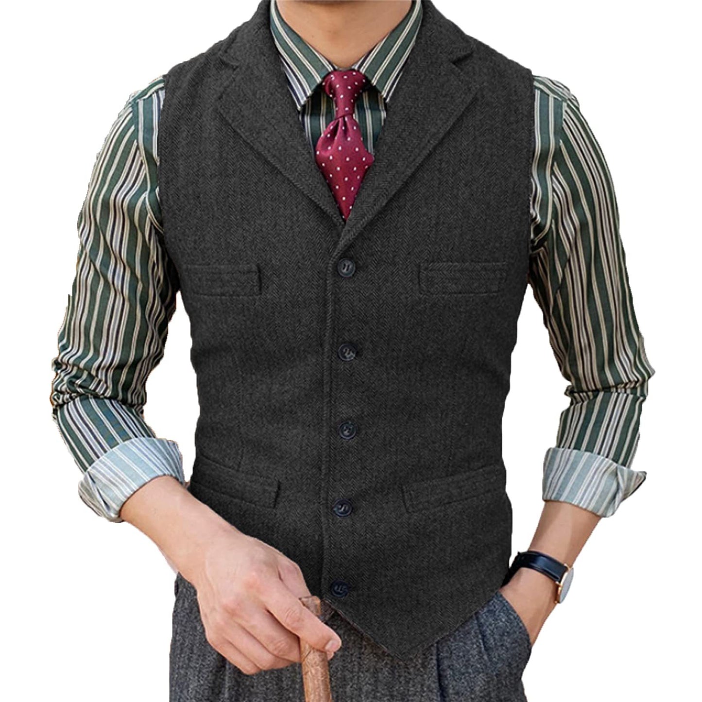 Men's lapel and herringbone pattern multi-pocket cardigan