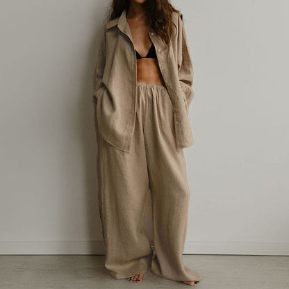 Women’s Two-Piece Set – Linen Blend – Oversized Fit – Button-Down Shirt & Wide-Leg Trousers