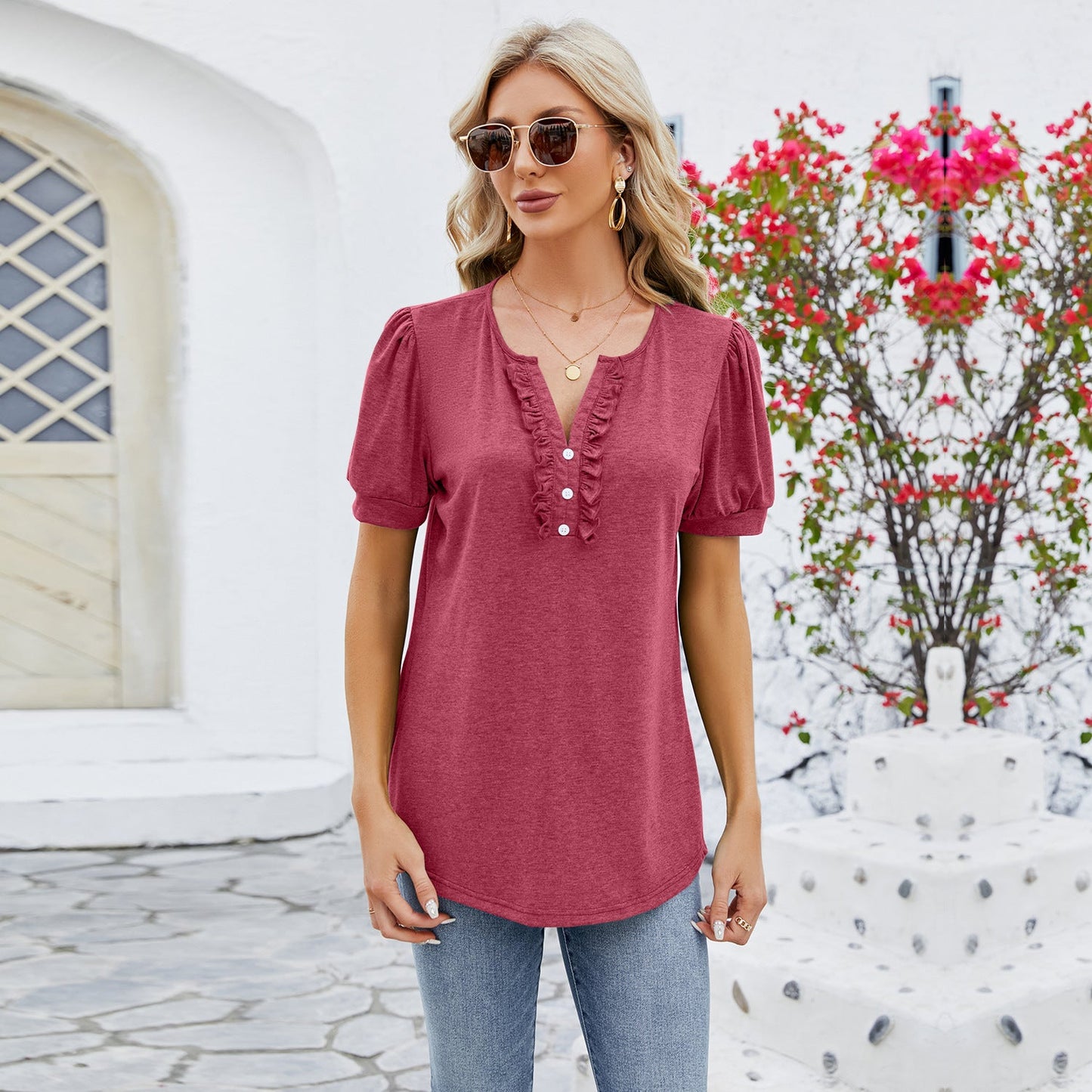 Women’s V-Neck T-Shirt – Relaxed Fit – Ruffled Trim – Button Front – Soft Knit