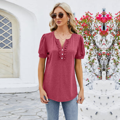 Women’s V-Neck T-Shirt – Relaxed Fit – Ruffled Trim – Button Front – Soft Knit