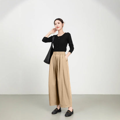 Women’s Wide-Leg Trousers – High Rise – Elastic Waist – Lightweight Twill – Full Length