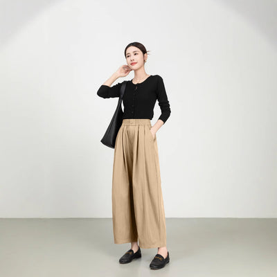 Women’s Wide-Leg Trousers – High Rise – Elastic Waist – Lightweight Twill – Full Length