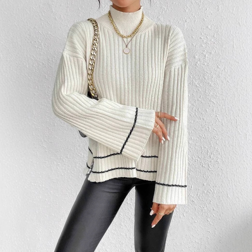 Women’s Knitted Sweater – Oversized Fit – Ribbed Mock Neck – Flared Long Sleeves