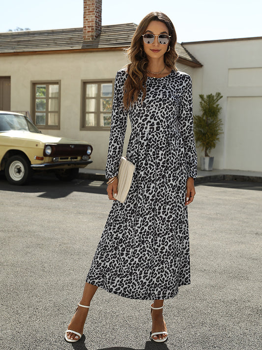Women's Leopard Print Long Sleeve Midi Dress