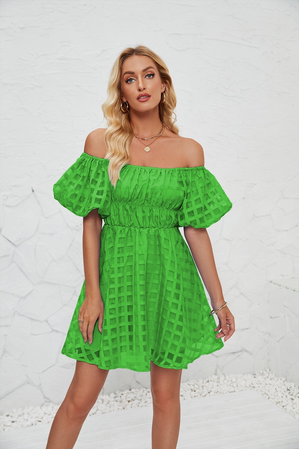 Women’s Mini Dress – Puff Sleeves – Square Neck – Gathered Waist – Textured Breathable Blend