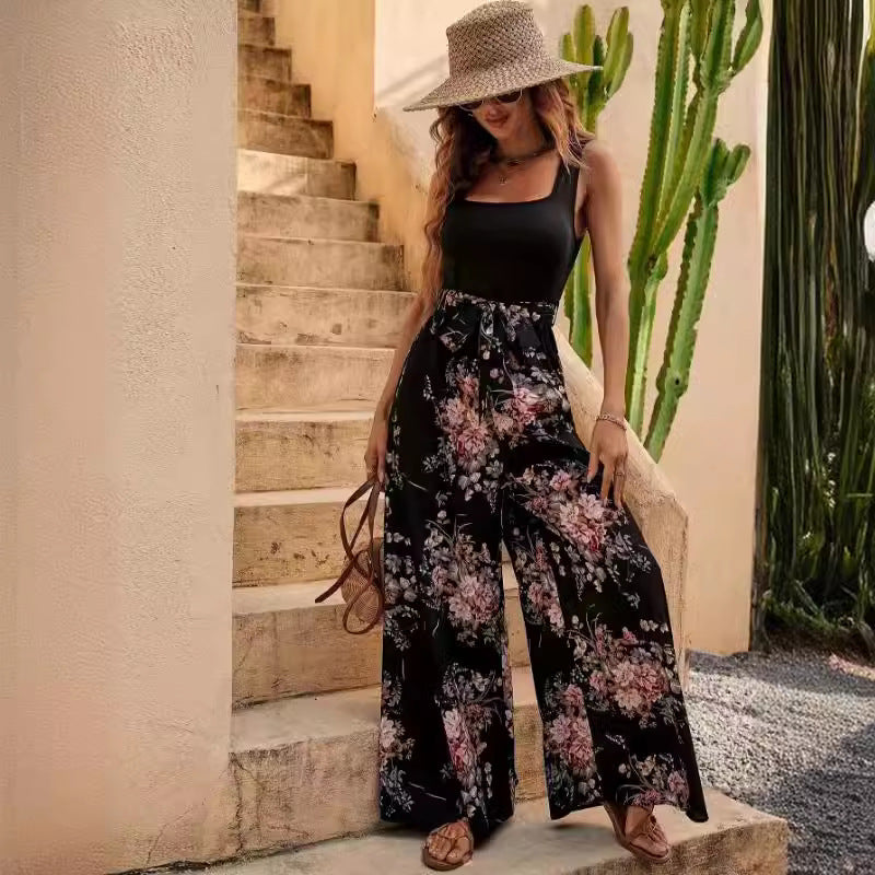 Women’s Jumpsuit – Floral Print – Sleeveless – Relaxed Fit – Full Length – Defined Waist