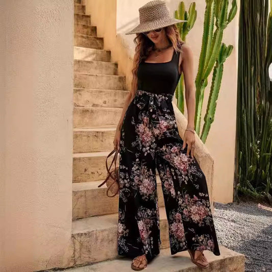 Women’s Jumpsuit – Floral Print – Sleeveless – Relaxed Fit – Full Length – Defined Waist