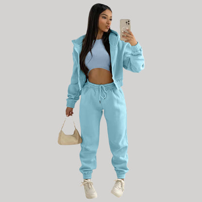 Women’s Tracksuit – 3 Piece Lounge Set – Crop Top – Zip Up Hoodie – Jogger Pants