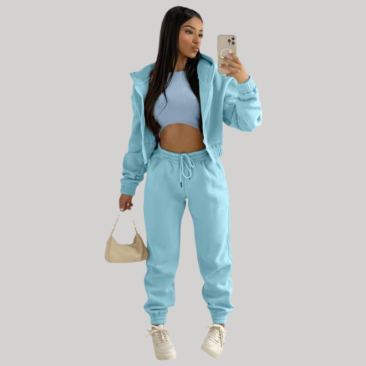 Women’s Tracksuit – 3 Piece Lounge Set – Crop Top – Zip Up Hoodie – Jogger Pants