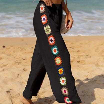 Women’s Flared Trousers – Relaxed Fit – Side Crochet Detail – Cotton