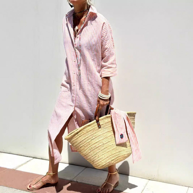 Women’s Shirt Dress – Relaxed Fit – Midi Length – Button Down – Striped