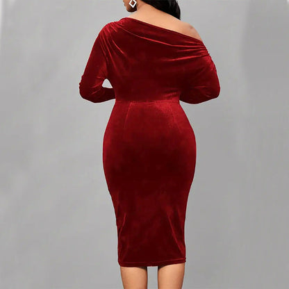 Women’s Wrap Dress – Velour Feel – Fitted Midi – Asymmetrical Neckline – Long Sleeve