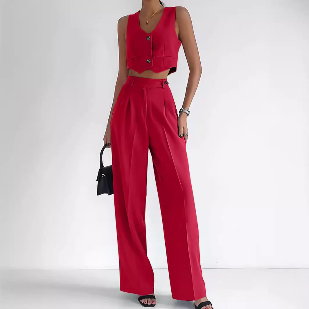 Women’s Vest Set – Tailored Cropped V-Neck Vest – High-Waist Wide-Leg Trousers