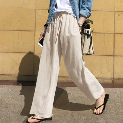 Women’s Wide-Leg Pants – 100% Cotton – High Waist – Elastic Waistband – Pleated Casual Fit