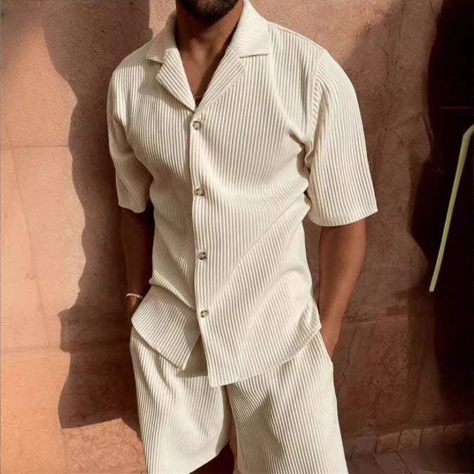 Men’s Casual Set – Button-Up Shirt & Shorts – Relaxed Fit Textured Fabric