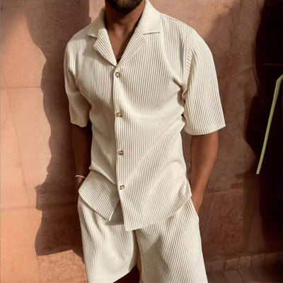 Men’s Casual Set – Button-Up Shirt & Shorts – Relaxed Fit Textured Fabric