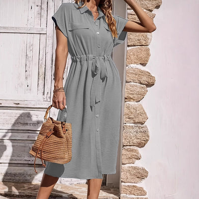 Women’s Shirt Dress – Cotton Linen Blend – Tie Waist – Midi Length – Short Sleeve