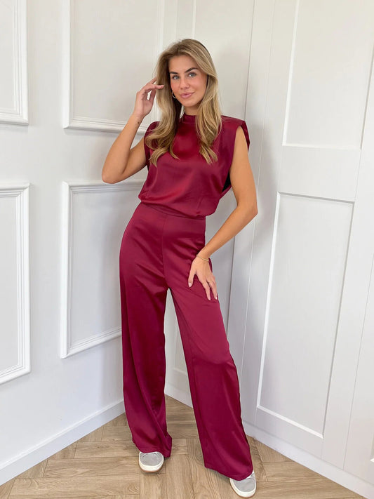 Women’s Jumpsuit – Satin Finish – Sleeveless – Open Back – Wide Leg