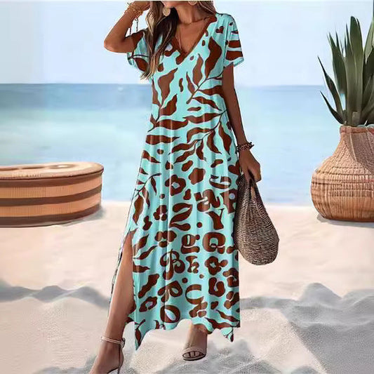 Women’s Maxi Dress – Relaxed Fit – V-Neck – Short Sleeve – Side Slit