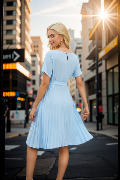 Women's Midi Dress - Short Sleeve - Tie Waist - Pleated Skirt