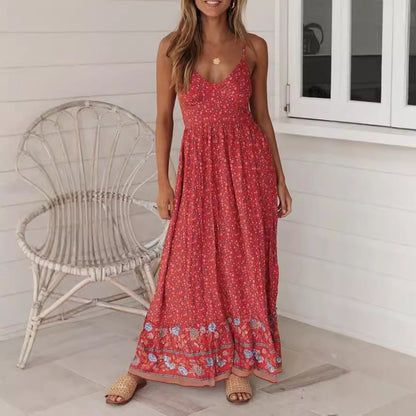 Women’s Maxi Dress – Floral Print – V-Neck Strappy – Flowy Boho Fit – Lightweight Fabric
