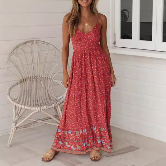 Women’s Maxi Dress – Floral Print – V-Neck Strappy – Flowy Boho Fit – Lightweight Fabric