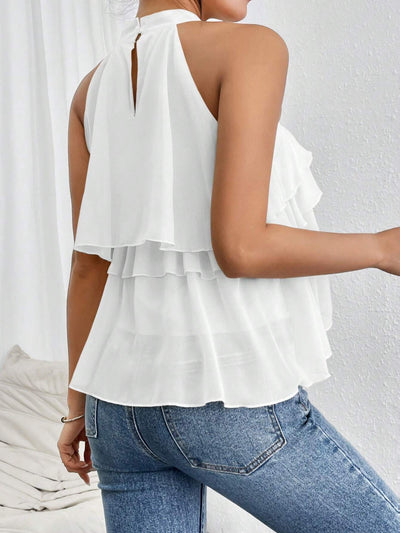 Women's Sleeveless Halter Ruffle Layered Top - Elegant Casual Blouse