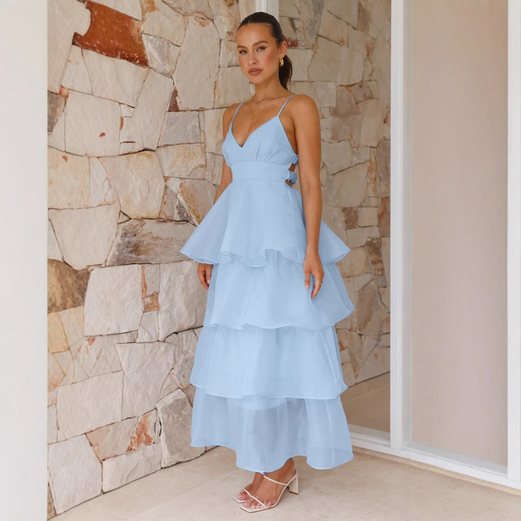 Women’s Maxi Dress – Flowing Fit – Tiered Ruffles – V-Neck – Spaghetti Straps – Breathable Fabric