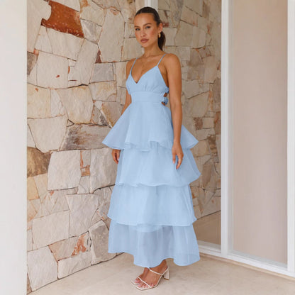 Women’s Maxi Dress – Flowing Fit – Tiered Ruffles – V-Neck – Spaghetti Straps – Breathable Fabric