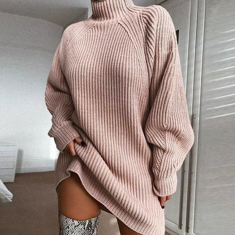 Women’s Sweater Dress – Wool Blend – Oversized Fit – Ribbed Knit – Turtleneck