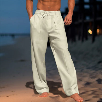 Men’s Linen Trousers – Relaxed Fit – Drawstring Waist – Pleated Front – Full Length