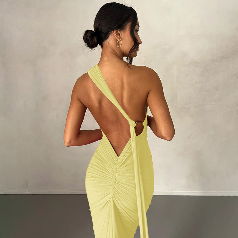 Women’s Evening Dress – Slim Fit – One Shoulder – Ruched Floor-Length Gown
