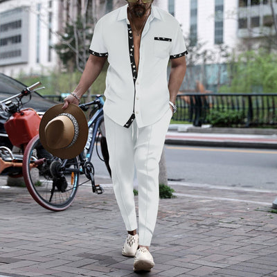 Men’s Two-Piece Set – Relaxed Fit – Cotton Blend – Short Sleeve – Trim Detail – Button Front
