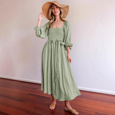 Women’s Midi Dress – Smocked Bodice – Puff Sleeve – A-Line Fit – Reversible Design