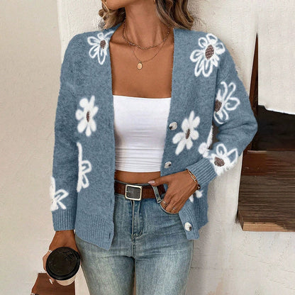 Women’s Cardigan – Wool Knit – Floral Jacquard – Button Front – Casual Fit – Ribbed Trim