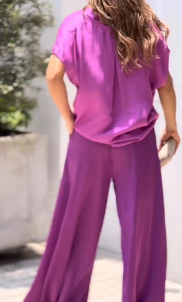 Women’s Pants Set – Silk Feel – Wide Leg – Deep V-Neck – Relaxed Fit – Full Length