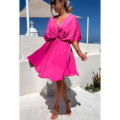 Women’s Dress – Relaxed Fit – Batwing Sleeves – Twist Knot Waist – Asymmetrical Hem
