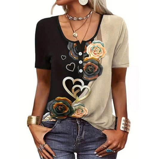 Women’s T-Shirt – Relaxed Fit – Scoop Neck with Buttons – Floral Heart Print