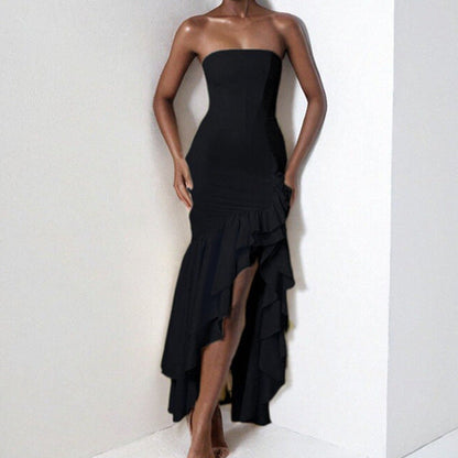 Women’s Strapless Dress – Slim Fit – Satin Feel – Asymmetrical Ruffle Hem – Formal Wear